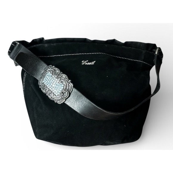 Fossil Handbags - Fossil Black Canvas Suede Feel Shoulder Bag Decorative Buckle Strap ZB9514
